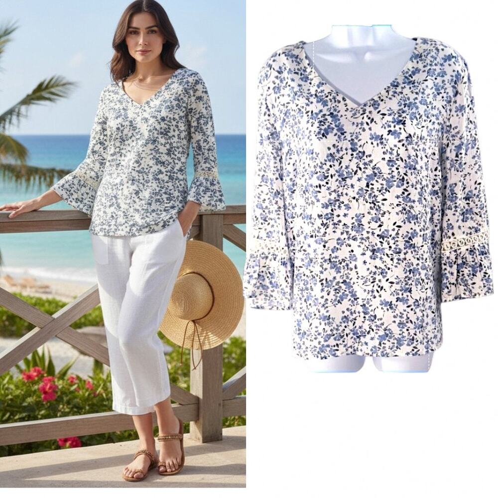 Fred David Tunic Top Women's Size M Blue White Floral Bell Sleeve Cottage-core